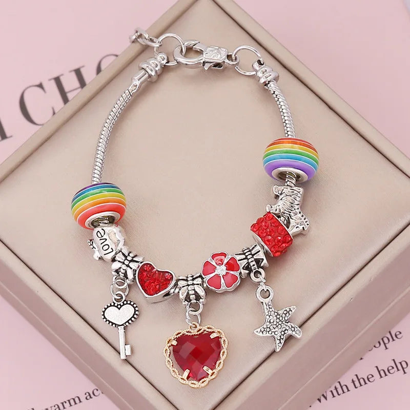 Trendy Colorful Pandora Lucky Rainbow Charm Bracelet | Four-Leaf Clover, Starfish & Heart Pendants