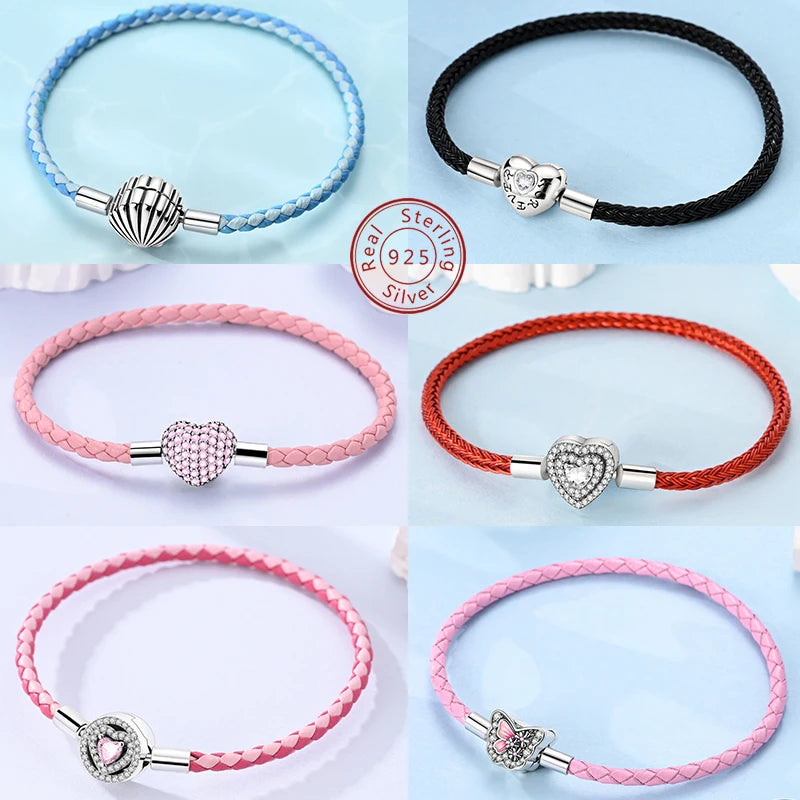 925 Sterling Silver Heart Shell Leather Rope Bracelet | Plait Design Fit Pandora Beads – Women’s Fashion Jewelry Gift