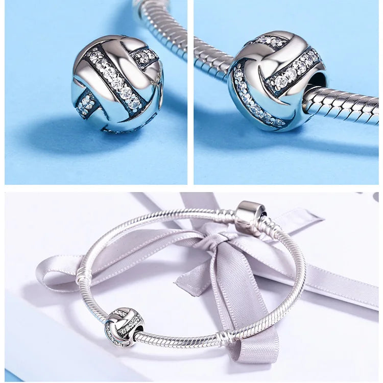 BISAER 925 Sterling Silver Ball Series Charms – Football, Volleyball, Tennis & Basketball Beads Fit Pandora Bracelet DIY Jewelry