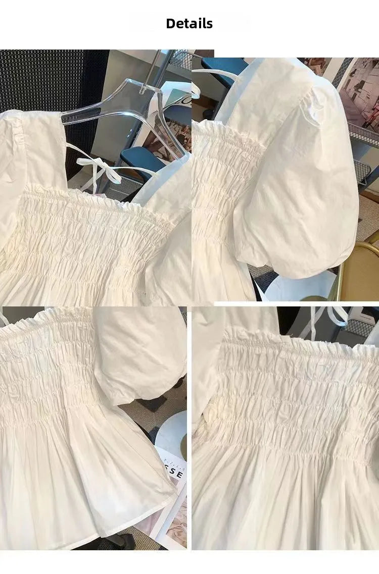 Summer 2025 New Sle Square Collar Pleated ort Sve Doll irt Women Small Size Bubble Sve Chiffon Blouse Top