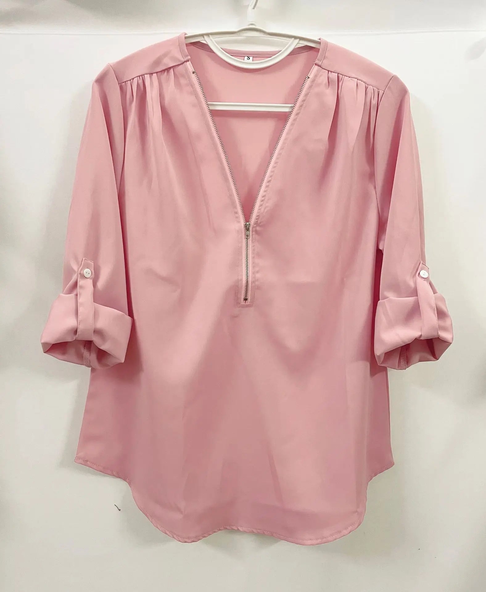 Summer Women’s Chiffon Blouse | Deep V-Neck Zipper Tops | Casual Loose Long Sleeve Plus Size Shirt