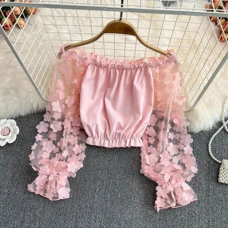 Women’s 2025 Flower 3D Slash Neck Long Sleeve Blouse – Korean Summer Fashion Top 🌸✨