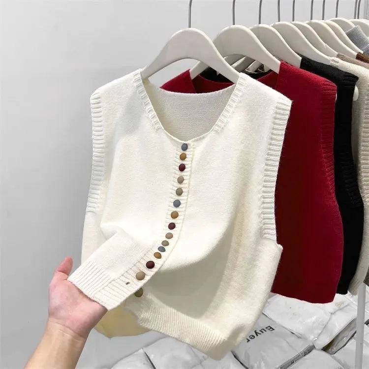 Women’s Rainbow Knit Sweater Vest | Autumn V-Neck Cardigan | Soft Button-Up Loose WaistcoatWomen’s Rainbow Knit Sweater Vest | Autumn V-Neck Cardigan | Soft Button-Up Loose Waistcoat