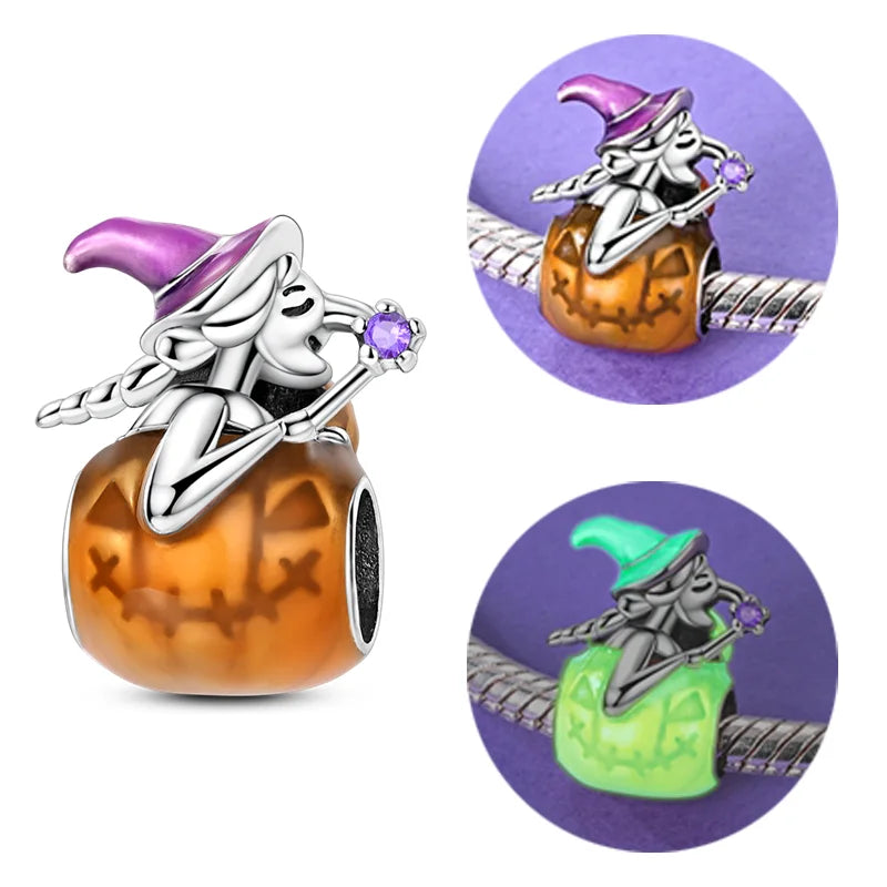 Halloween 925 Sterling Silver Charms | Pumpkin Skeleton Witch Bat Beads for Bracelet DIY Jewelry