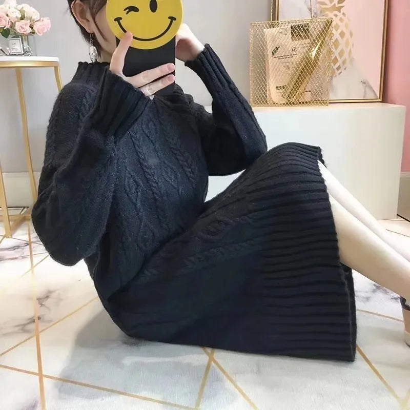 Khaki Thickened Half High Neck Sweater Dress for Women – Autumn Winter 2023 Korean Fashion Loose Thin Knit Long Dress
