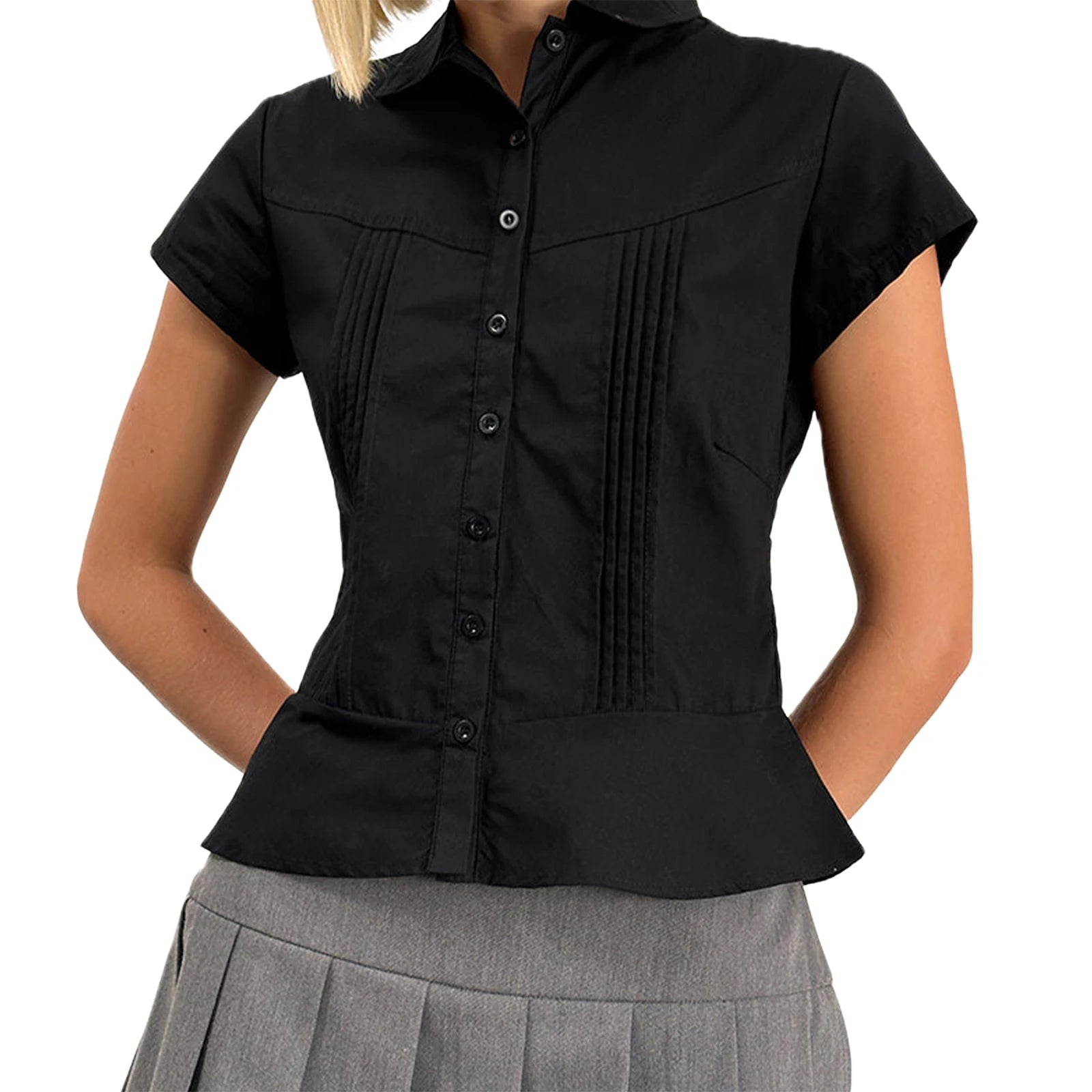 Women’s Summer Slim Fit Shirt – Solid Color Short Sleeve Lapel Button Down Pleated Top Streetwear
