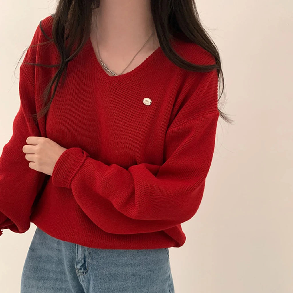 Loose Women’s Knitwear V-Neck Long Sleeve T-Shirt – Casual Comfortable Fashionable Autumn Top New Arrival