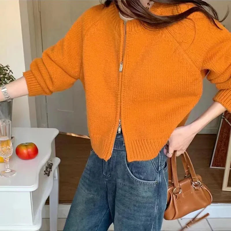 Women's Short Knitted Cardigan 2025 | Autumn Winter Solid Color Zipper Sweater Jacket