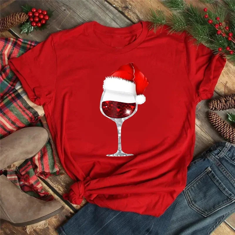Women’s Christmas Wine Glass T-Shirt | Funny Holiday Black Tee Xmas Gift Top 2025