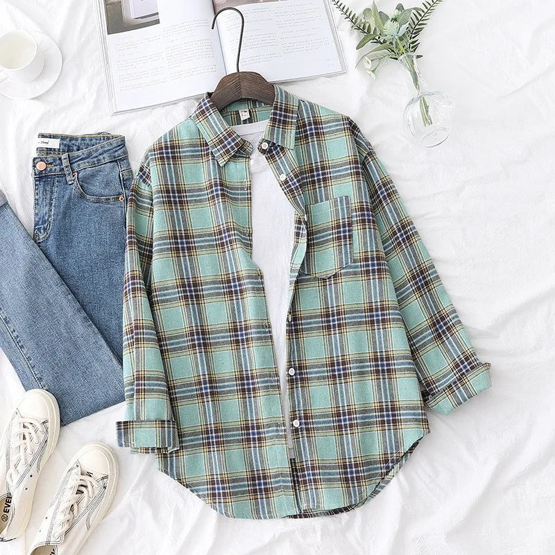Women’s Plaid Shirt | Spring Autumn Long Sleeve Blouse | Casual Cotton Checkered Top