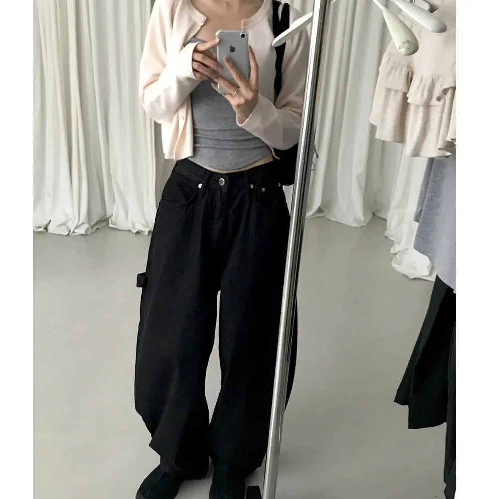 High Waist Wide-Leg Floor-Length Denim Jeans for Women – American Retro Casual Workwear Pants with Beaded Details