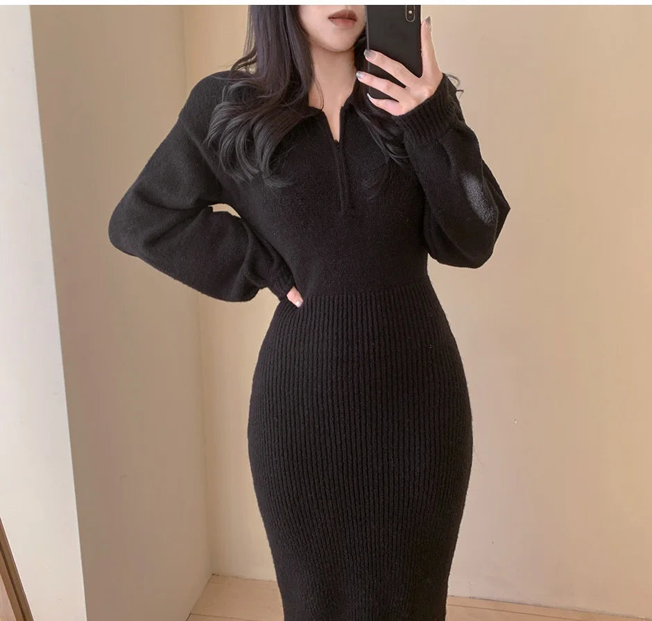 Elegant Neck Knitted Bodycon Dress for Women – Soft Autumn Winter Long Sleeve Casual Comfortable Fashion Dress