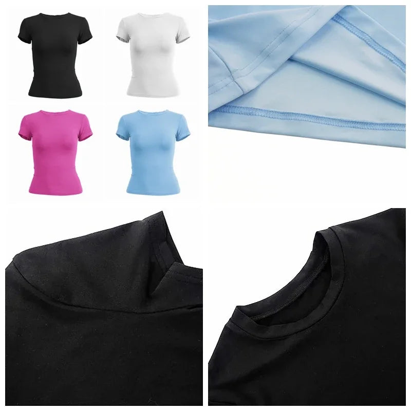 Women’s Slim Fit O-Neck Knitted T-Shirt – Y2K Streetwear Short Sleeve Sheath Tee 2024