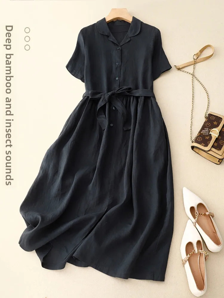 Pure Linen Shirt Dress – Women's Summer Lightweight Breathable Long Dress, Loose Plus Size with Slimming Belt