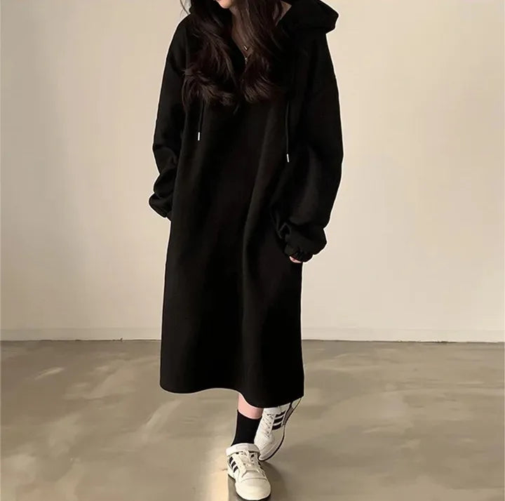 Chic Winter College Long Hoodie Dress ❄️ Lazy Fleece A-Line Side Slit Dress 👗 Pure Color Polyester Fiber 🧵