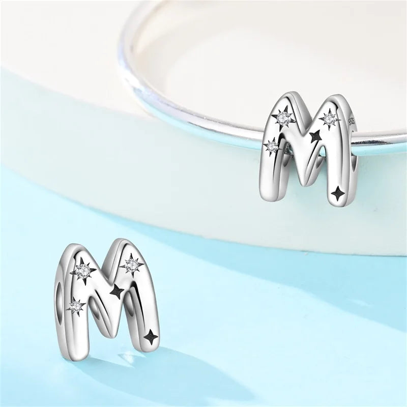 Classic 925 Sterling Silver A–Z Alphabet Charms | Letter Beads with Stars Fit Original Bracelet DIY Jewelry for Women