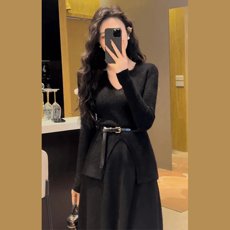 Hebe Style Knitted Two-Piece Set for Women – Slim Fit High Waist Sweater & Split Skirt | Elegant Autumn Winter Korean Outfit