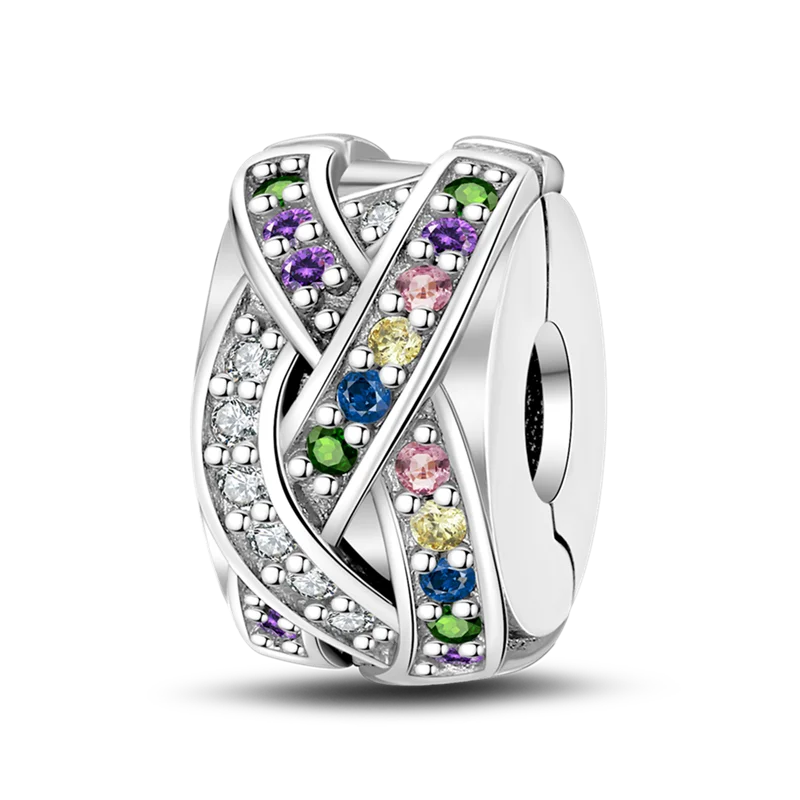 925 Sterling Silver CZ Pave Daisy Clip Charm & Safety Chain – Fits Original Pandora Bracelet, Women’s Silver Stopper Beads Jewelry