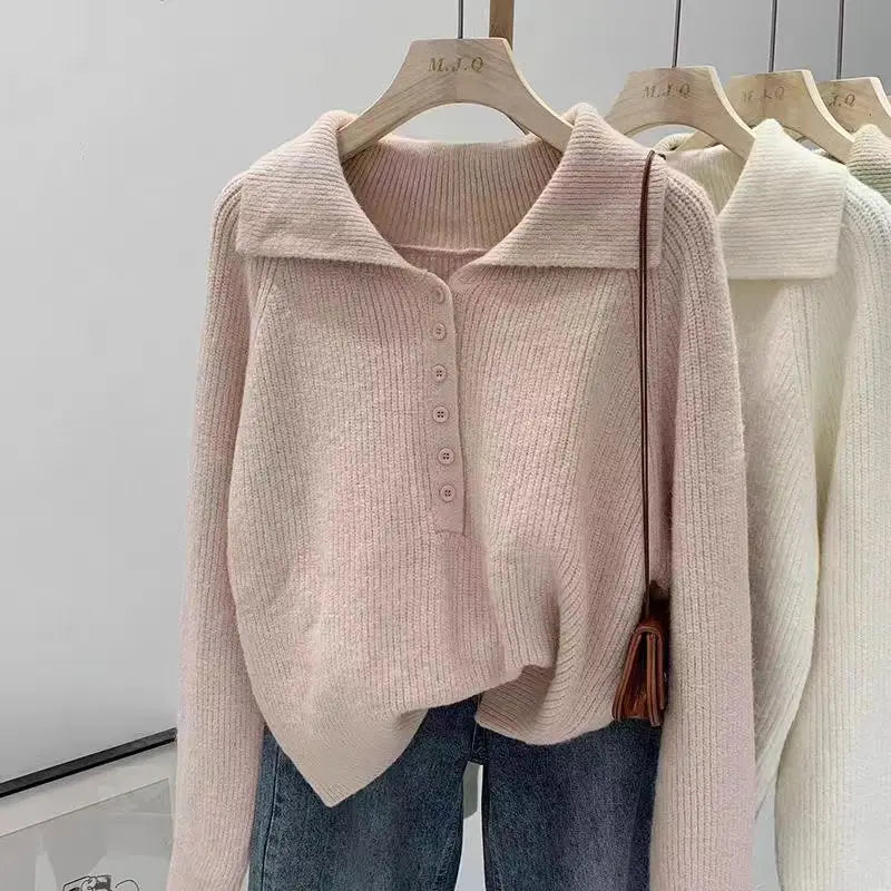 Pink Lazy Korean Style Big Collar Sweater – Women’s Autumn Winter Slim Soft Knitted Top | Sweet Loose Fit Versatile Knit