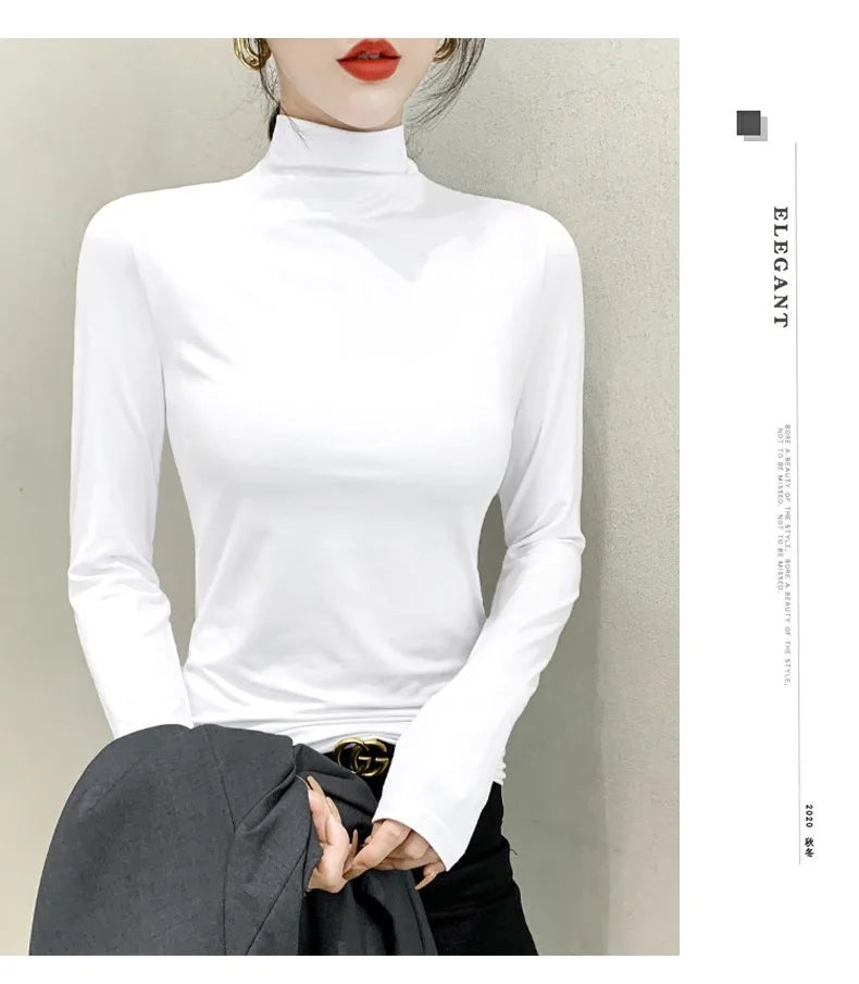 2024 Women’s Black Turtleneck Long Sleeve T-Shirt | Elegant Modal Y2K Korean Fashion Top for Autumn & Winter