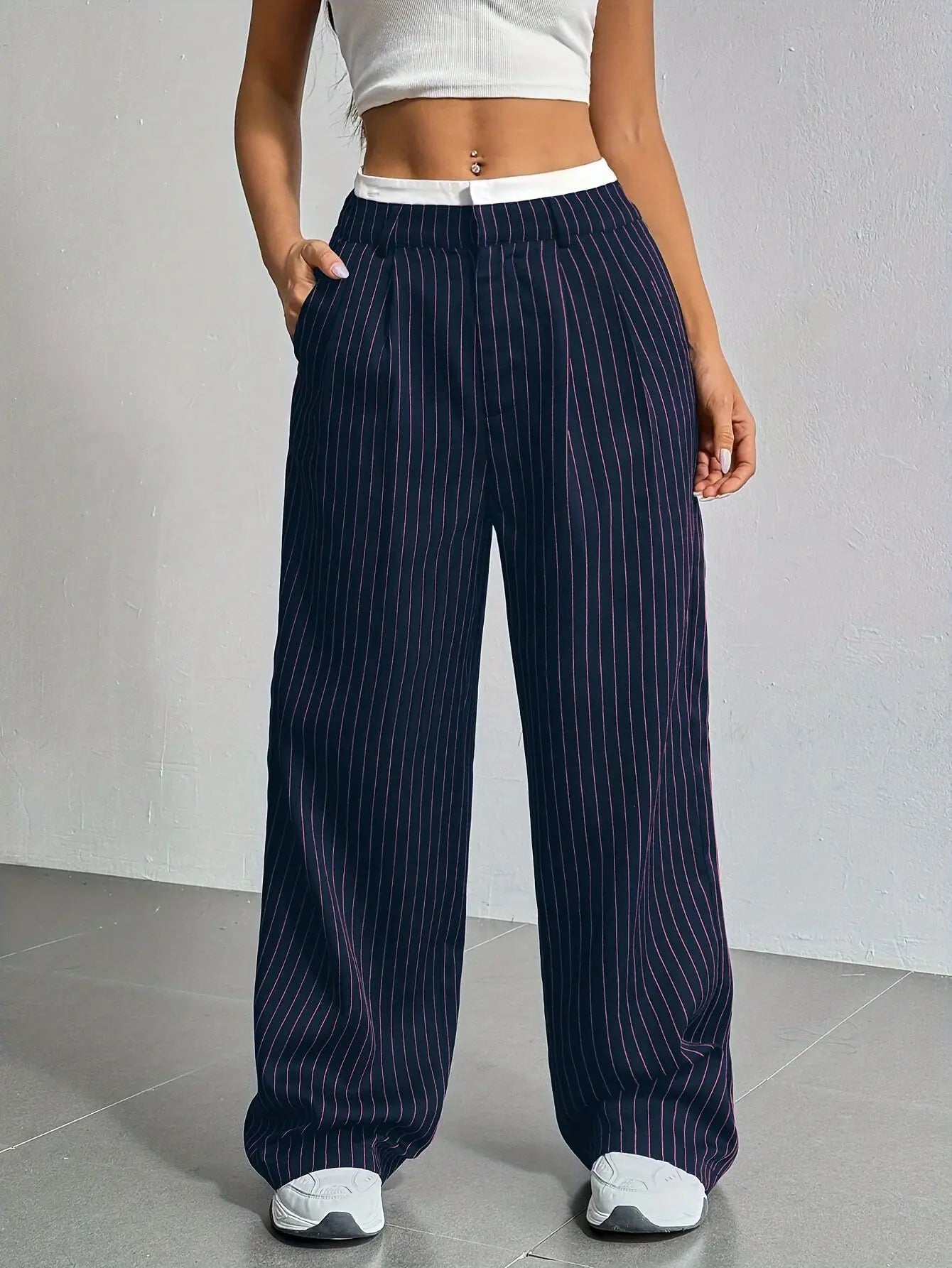 Women’s High Waist Straight Leg Pinstripe Trousers | Office & Casual Striped Dress Pants with Pockets