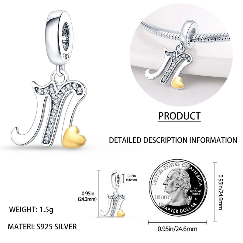 925 Sterling Silver A–Z Alphabet Letter Charms | Gold Heart Beads Fit Original Pan Bracelet | DIY Jewelry Accessories
