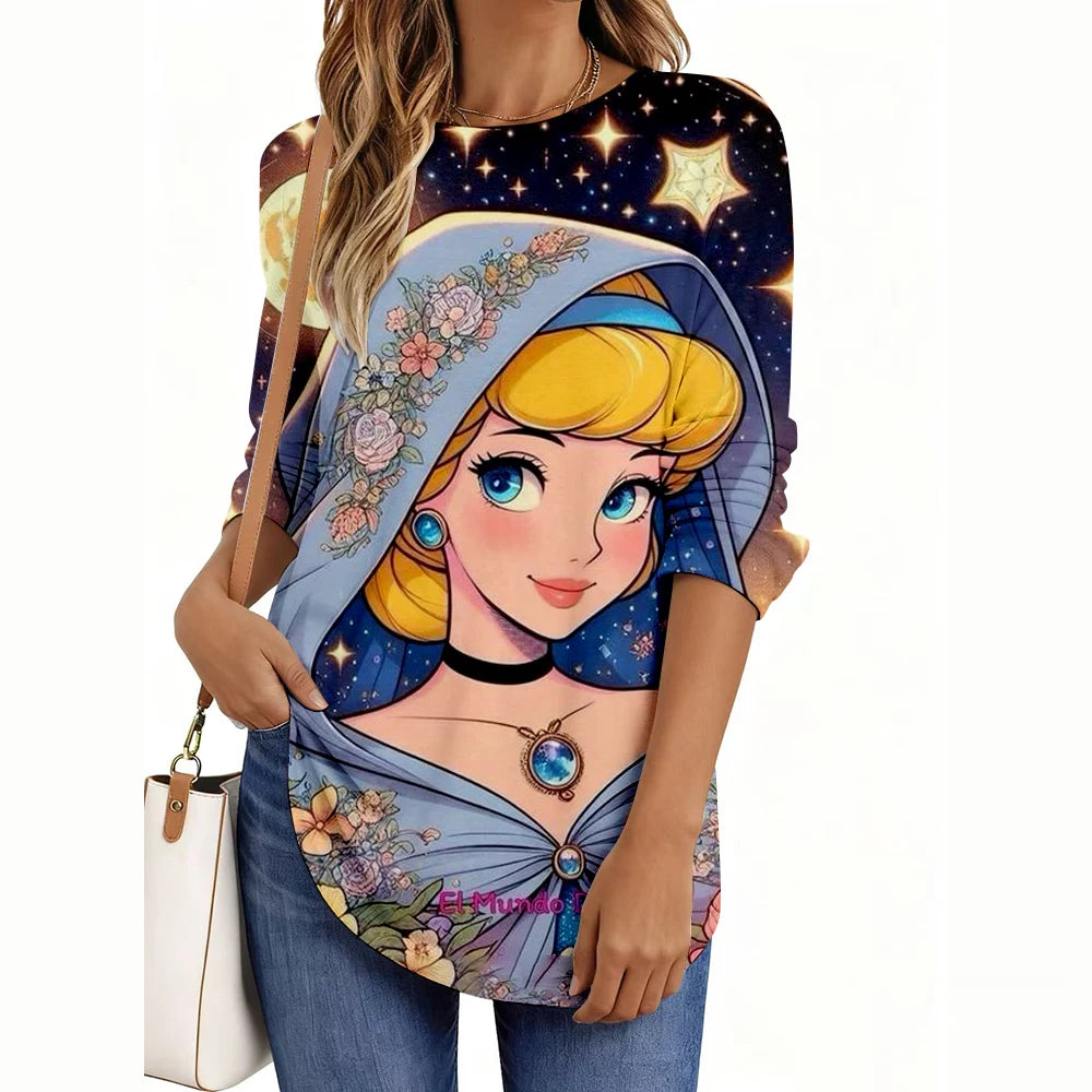 Disney Princess Print Women’s Long Sleeve Shirt – Casual Weekend Holiday Loose Elegant Top 👑✨