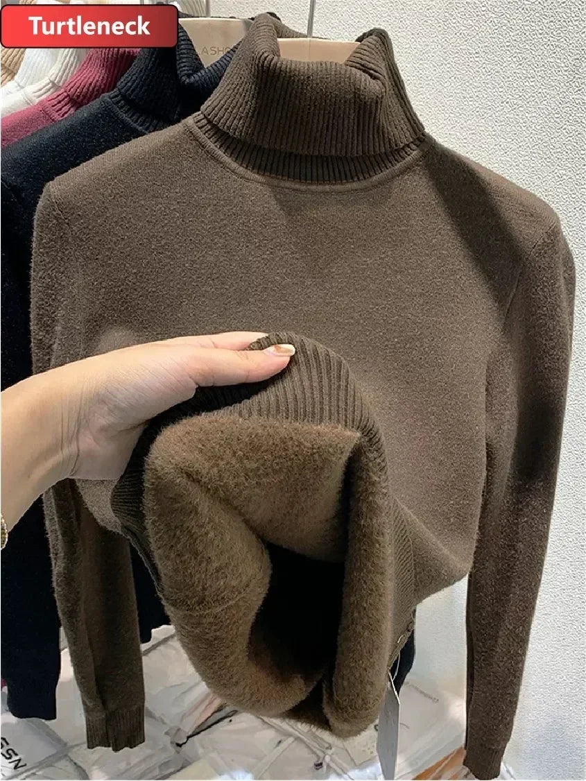 Women Winter Thicken Turtleneck Sweater – Slim Knit Plush Velvet Lined Warm Pullover Jumper