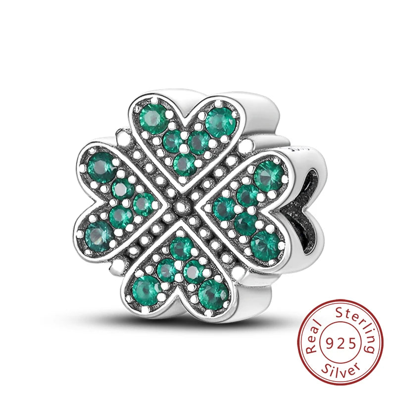 New 925 Sterling Silver Four-Leaf Clover Green Charm Bead | Lucky Pendant for Original Bracelet Jewelry Gift