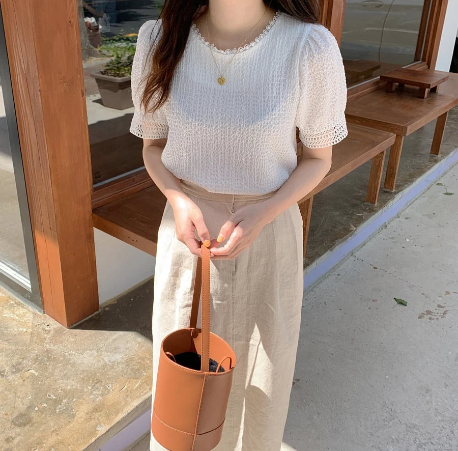 Elegant White Lace Hollow Out Blouse | Fairy-Style Bubble Sleeve Summer Top for Women