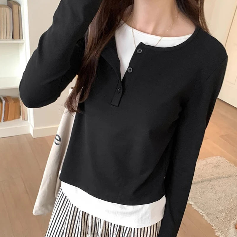 Slimming Effect Pure Cotton Long Sleeve Top – Women’s Loose Fashionable Base Shirt Spring Autumn 2025