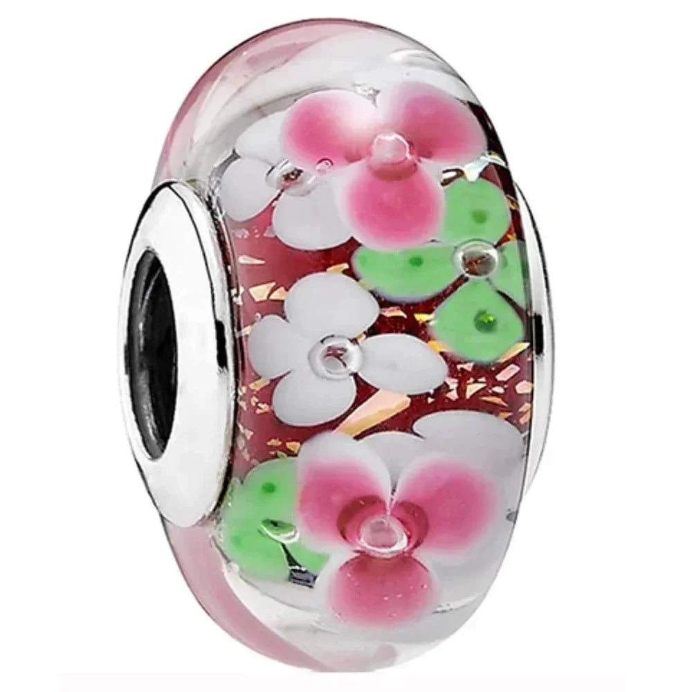 2025 Classic 925 Sterling Silver Colored Flower & Leaf Murano Glass Charm Beads | DIY Bracelet