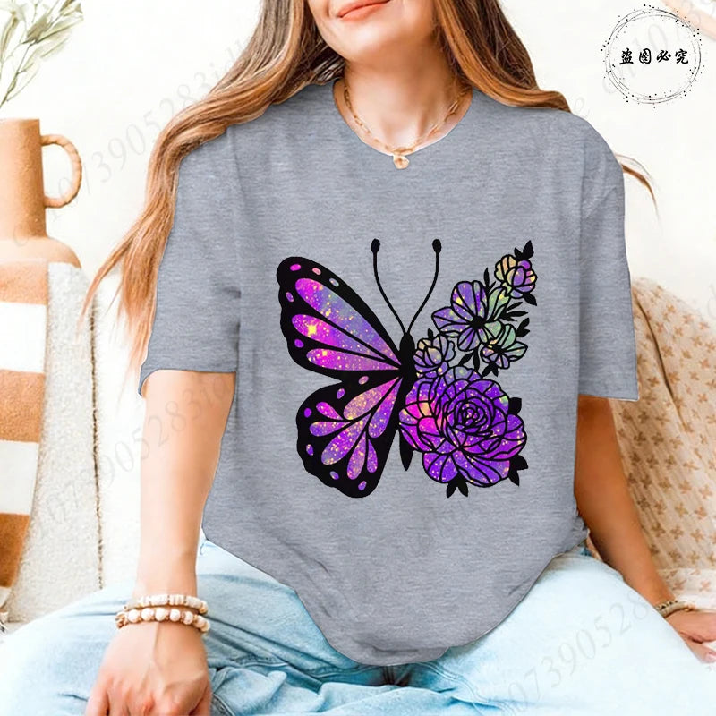 Women's Butterfly Flower Graphic T-Shirt – Aesthetic Short Sleeve Casual Summer Tee 2026 🦋🌸