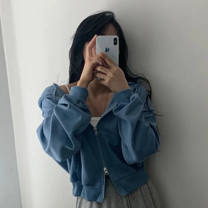 Chic Early Autumn Casual Long Sleeve Hoodie – Double Zipper Loose Versatile Cotton Pullover | Pure Color Commute Wear