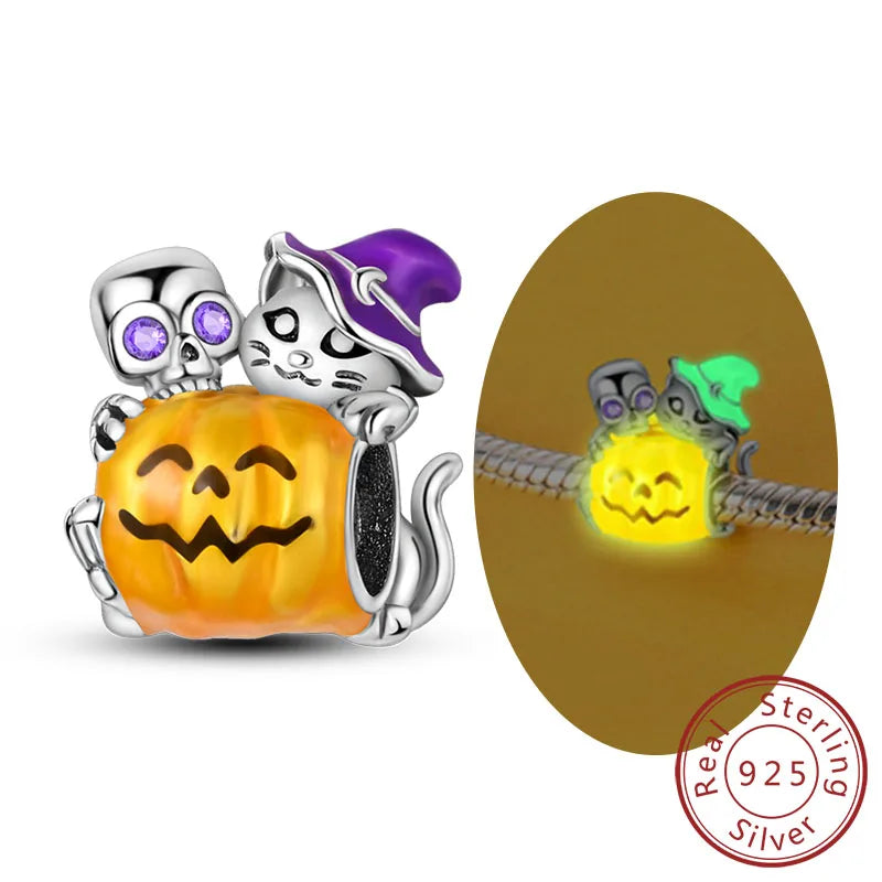 Halloween 925 Sterling Silver Charm Bead – Pumpkin, Witch, Skeleton, Mummy & Candy Pendant for DIY Original Bracele