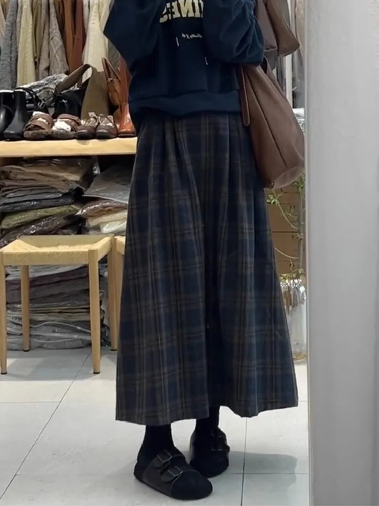 Retro Japanese Style High Waist Woolen Plaid Skirt – Women’s Autumn Winter Plus Size Mid-Length A-Line Skirt