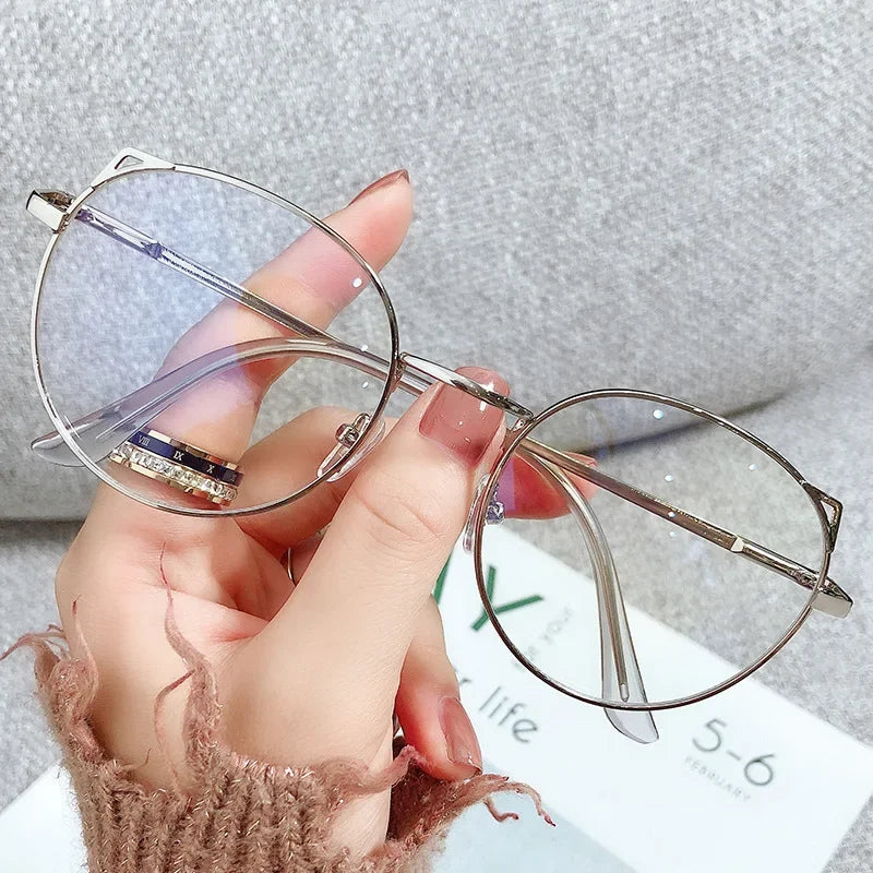 Fashion Anti Blue Light Glasses for Women – Thin Alloy Metal Cat Ear Round Frame | Computer Eye Protection Spectacles