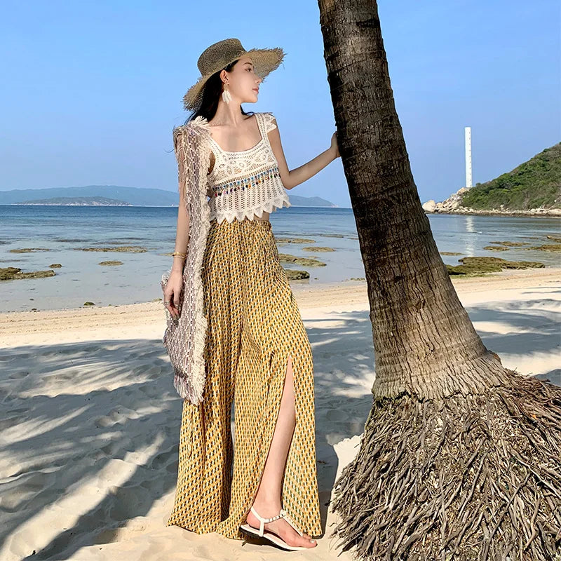 Vacation Style High Waist Wide Leg Pants – Thin Long Ethnic Print Pants for Beach & Holiday Wear