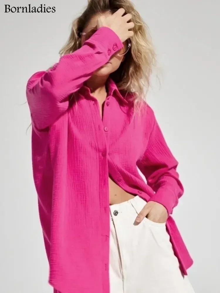Bornladies 2025 Women’s Cotton Shirt – Solid Long Sleeve Loose Office Top 👚☀️