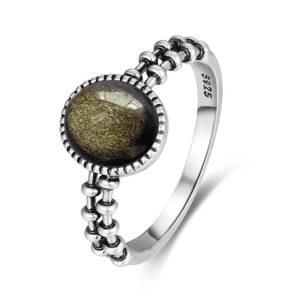 S925 Sterling Silver Gear Chain Ring with Black Onyx – Vintage Punk Style Unisex Jewelry Gift for Men & Women