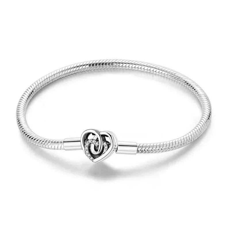 925 Sterling Silver Heart & Star Moon Bracelet | Pave Zirconia Snake Chain, Cat Claw Love Bangle for DIY Jewelry
