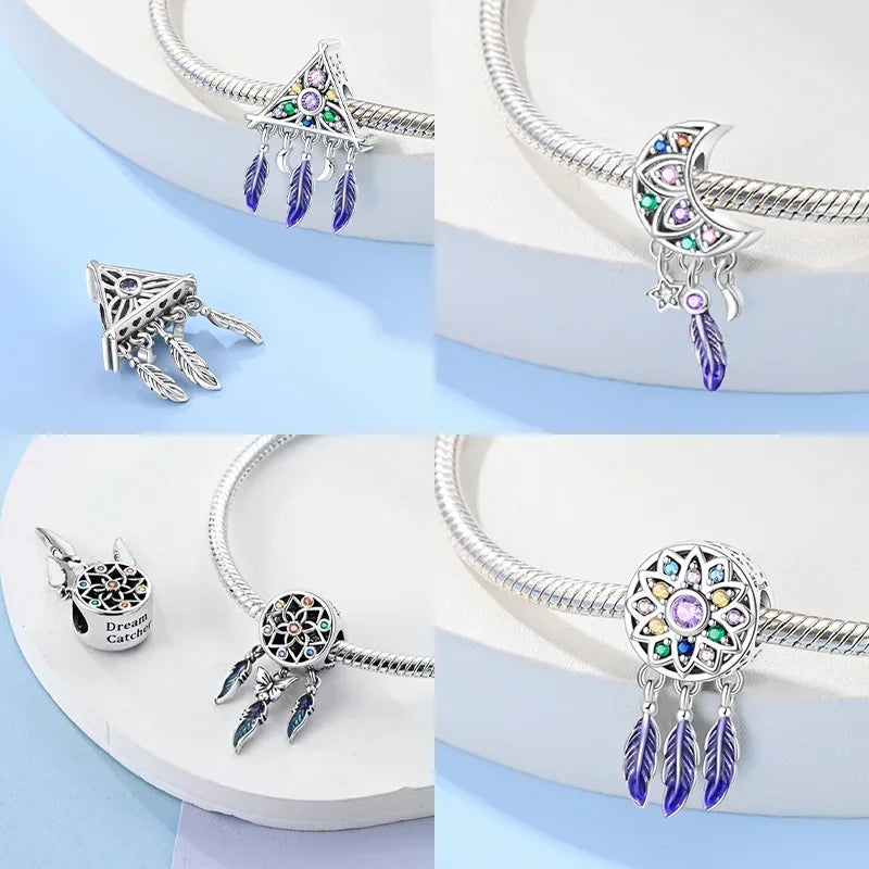 925 Sterling Silver Colorful Zircon Heart Dreamcatcher Charm – Feather Beads Fit Original Pandora Bracelet DIY Jewelry Gift for Women