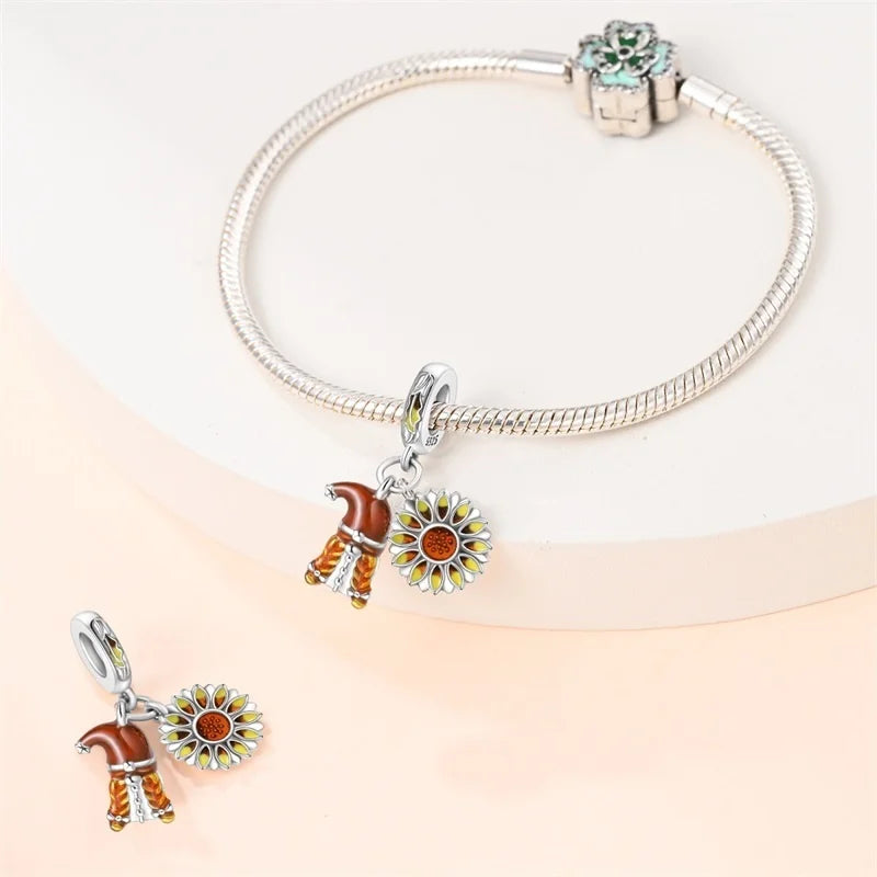 925 Sterling Silver Squirrel & Maple Leaf Charm | Shiny Zircon Autumn Beads Fit Pandora Bracelet DIY Jewelry