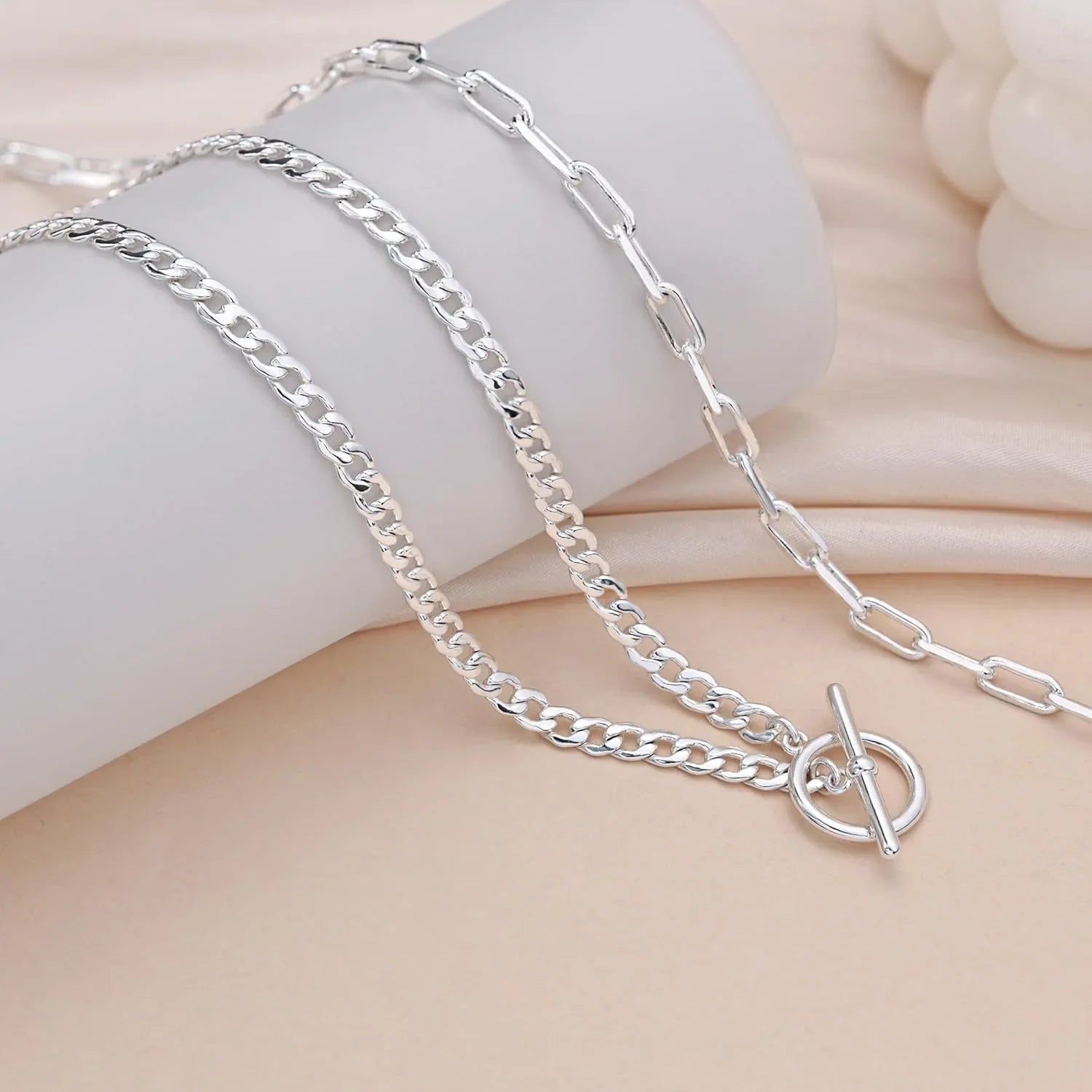 Gold Layered Cuban Link & Paperclip Chain Necklace | K Gold Plated Toggle Clasp Jewelry for Women