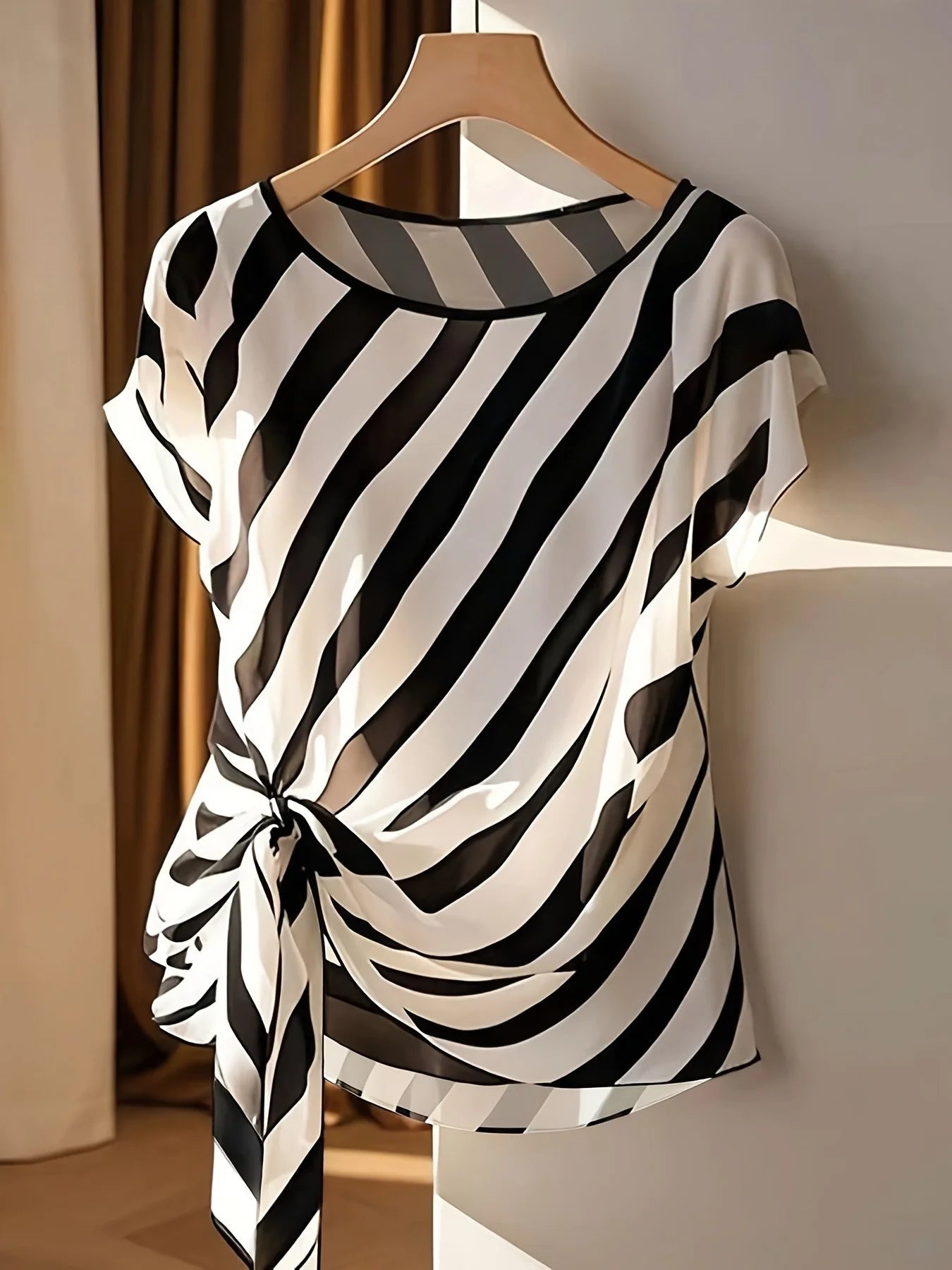 Women’s Striped Sleeveless Short Shirt – Round Neck Butterfly Waist Tie Casual Business Top 🦋✨