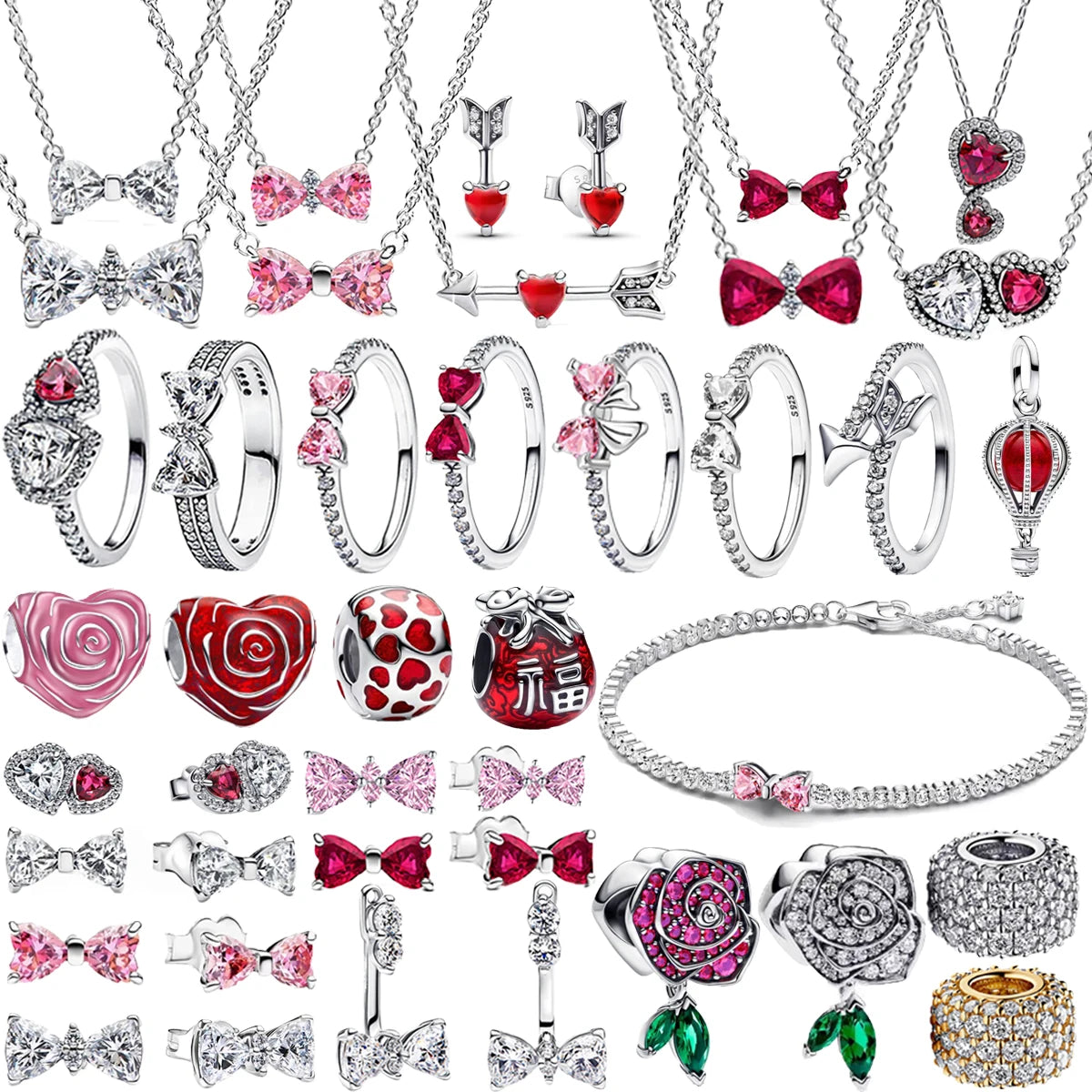 925 Sterling Silver Colorful Bow Necklace Ring Earring Set Crystal Jewelry for Women Gift