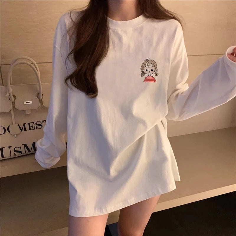 Women’s Long Sleeve Cotton T-Shirt | Fleece-Lined White Base Layer | Loose Fit Autumn Inner Wear