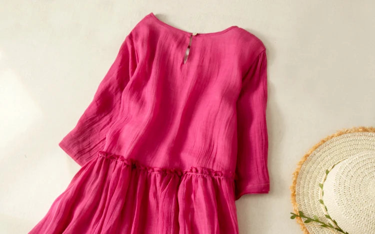 Women’s Summer Lightweight Cotton Dress – Long Sleeve Loose Waist A-Line Retro Dress with Belted Splice