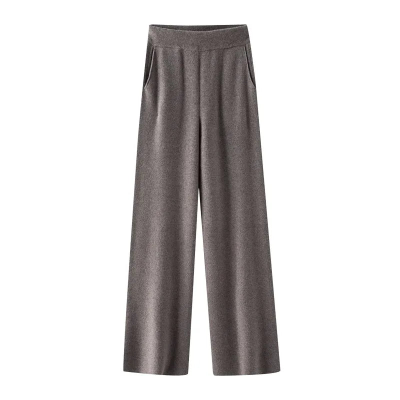 Elegant Women’s High Waist Wide-Leg Pants – Baggy Straight Knitted Trousers with Pockets