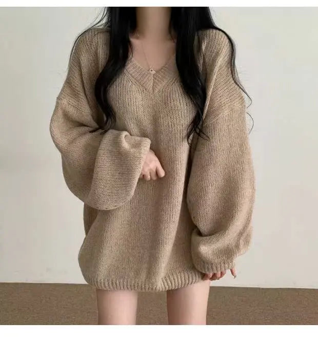 Soft Cozy Knitwear Women’s Loose Sleeve Sweater – Autumn Winter New Fashion V-Neck Long Sleeve Korean Commute Outerwear